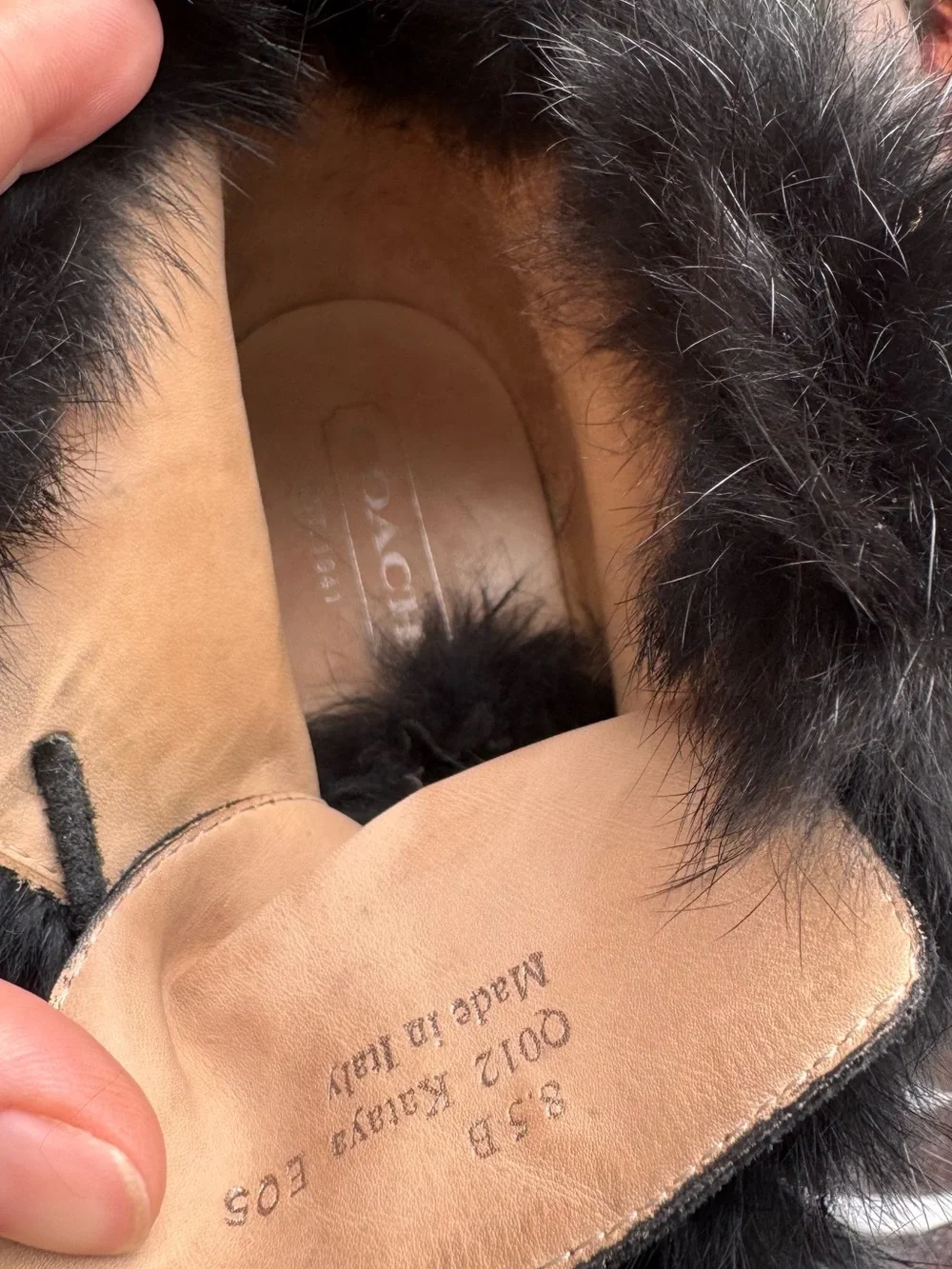 Coach Black Suede Fur-Trim Pom Pom Ankle Booties